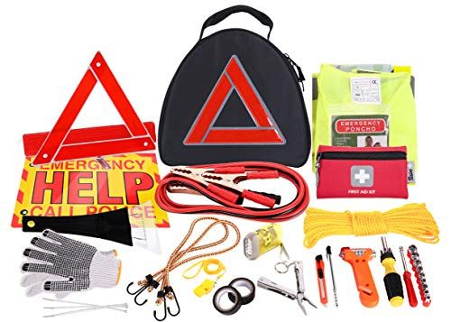 Thrive Roadside Assistance Auto Emergency Kit + First Aid Kit – Triangle Bag - Contains Jumper Cables, Tools, Reflective Safety Triangle and More. Ideal Winter Accessory for Your car, Truck, Camper