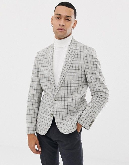 ASOS DESIGN skinny wool mix blazer in mini stone check