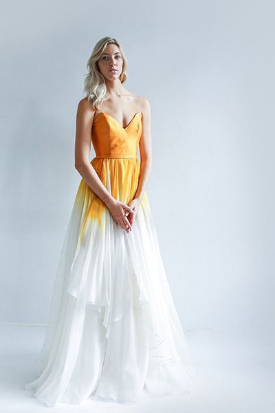 yellow and white wedding dress