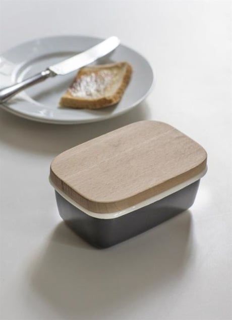 Enamel Butter Dish With Wooden Lid