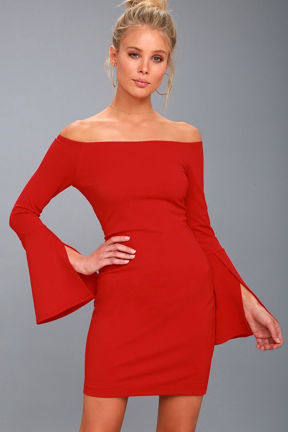 Red Off-the-Shoulder Long Sleeve Bodycon Dress