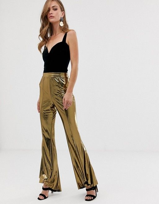 ASOS DESIGN gold foil extreme ruffle flare trousers