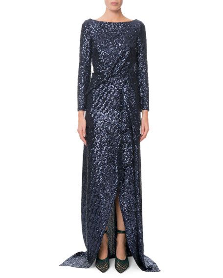 Sarandon Long-Sleeve Twisted Sequin Gown