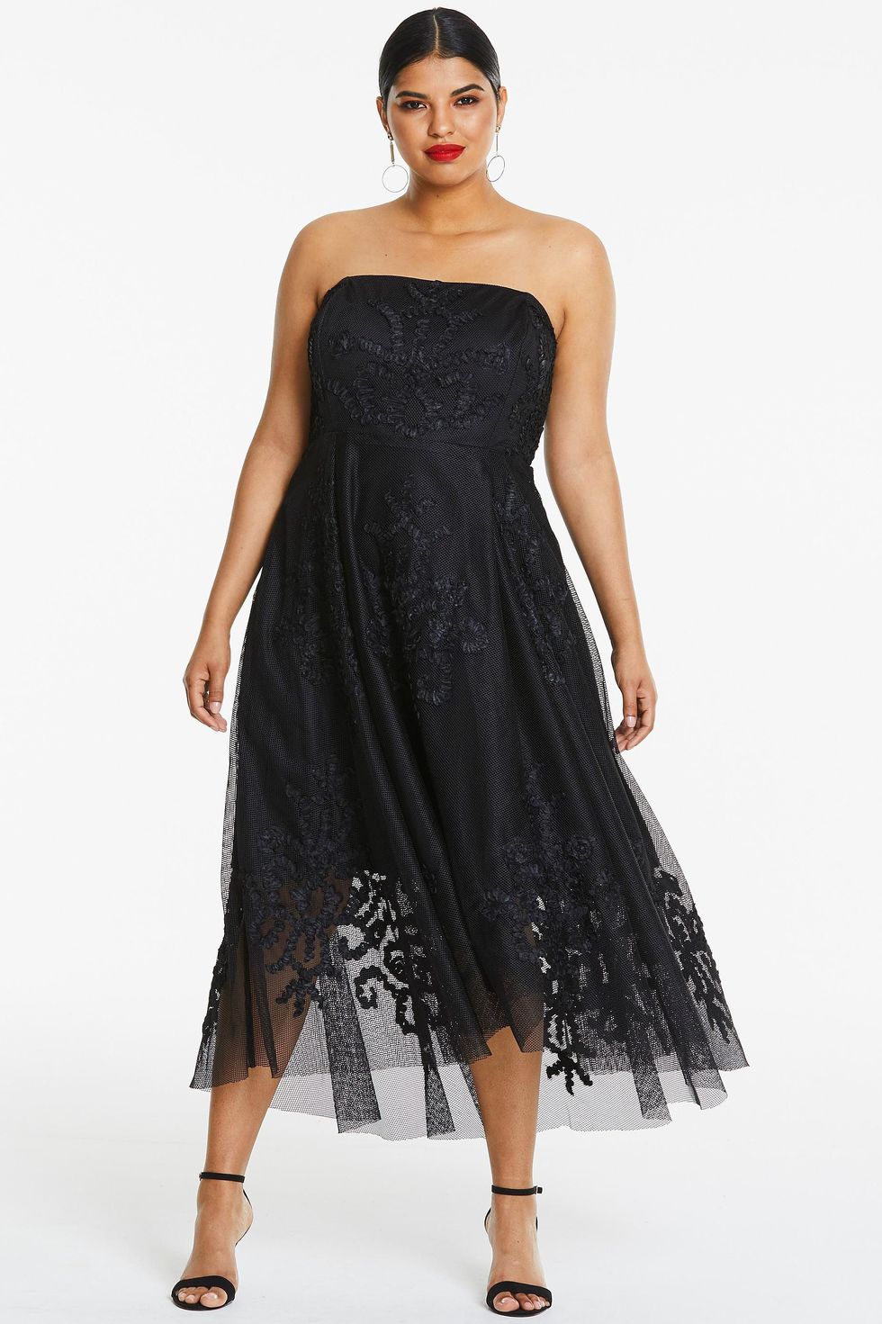 Give it a Twirl Black Lace Strapless Midi Dress
