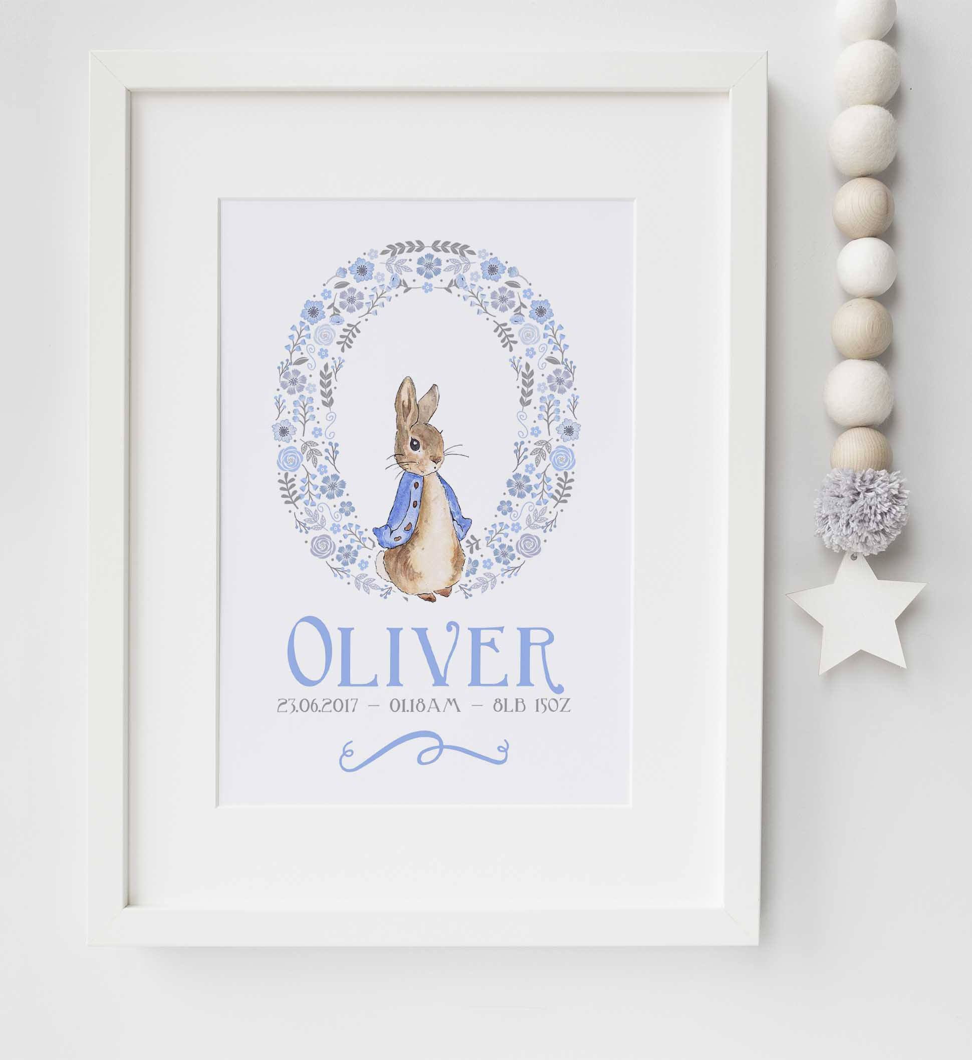 Personalised Baby Gift Birth Details Print Nursery Art Rabbit Initial Picture 