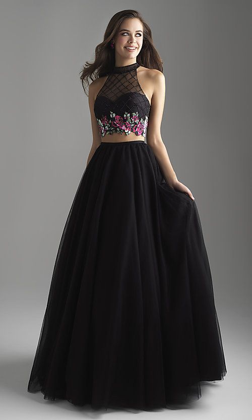 Long Sleeve Two-Piece Prom Dress with Satin Skirt and Embroidered Net Top