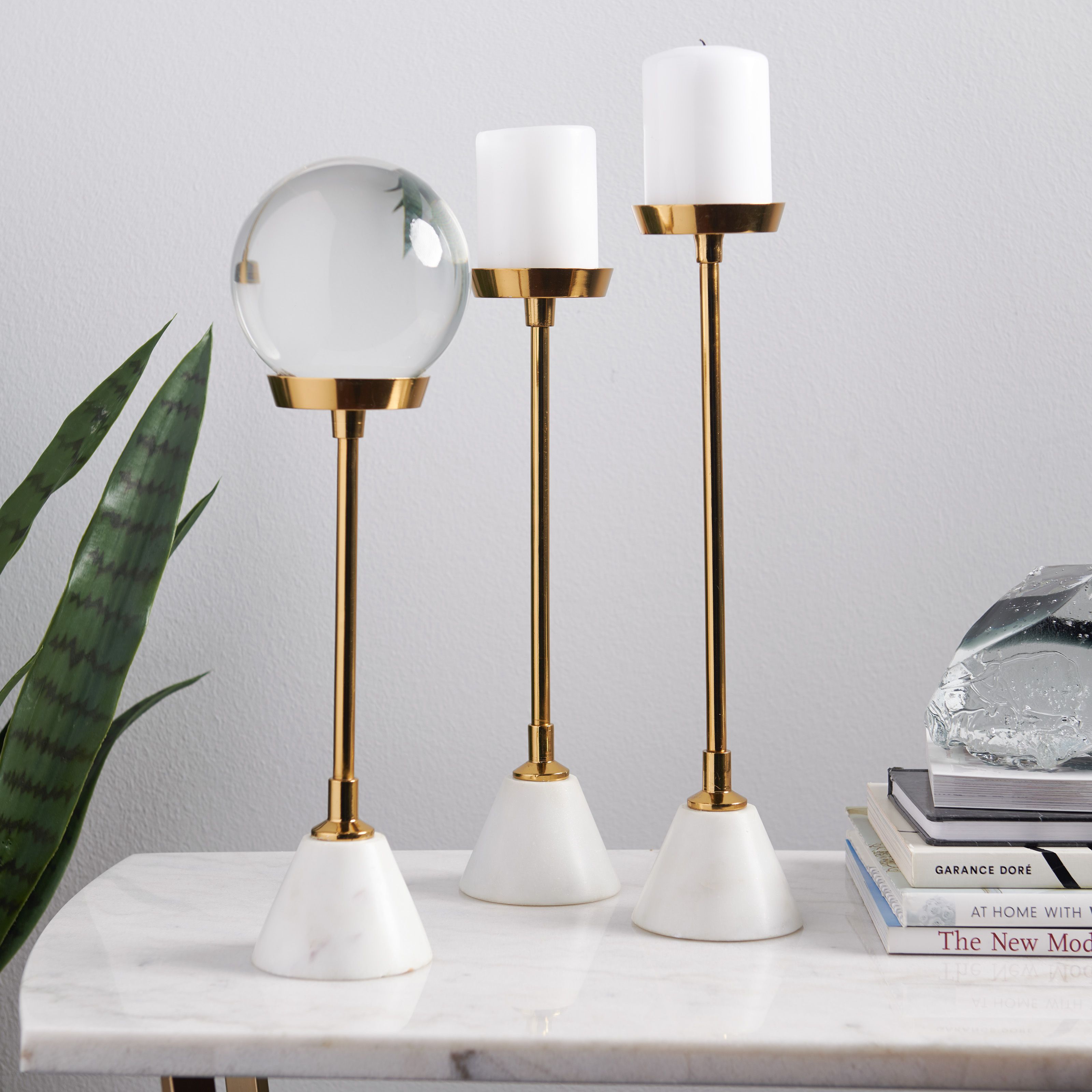 Set of 3 Marble and Brass Candle Holders