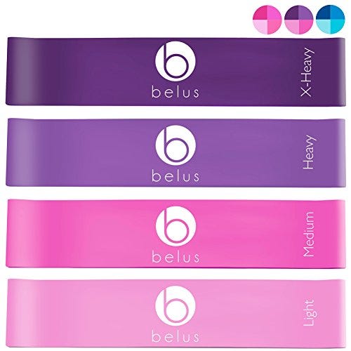 Belus Premium Resistance Bands with Carry Bag, Fitness Video Download and Workout eBook. Set of 4 Exercise Loops for Legs and Glutes. Booty Bands for Women - Pink and Purple
