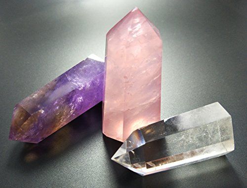 Set of 3 Healing Stone Wands of 3 Crystals, Rose Quartz, Clear Quartz, Amethyst, Pointed & Faceted Prism Bars for Reiki Chakra Meditation Therapy Deco