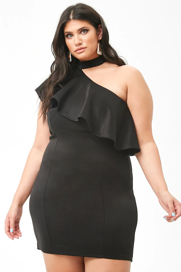 Plus Size One-Shoulder Ruffle Mini Dress