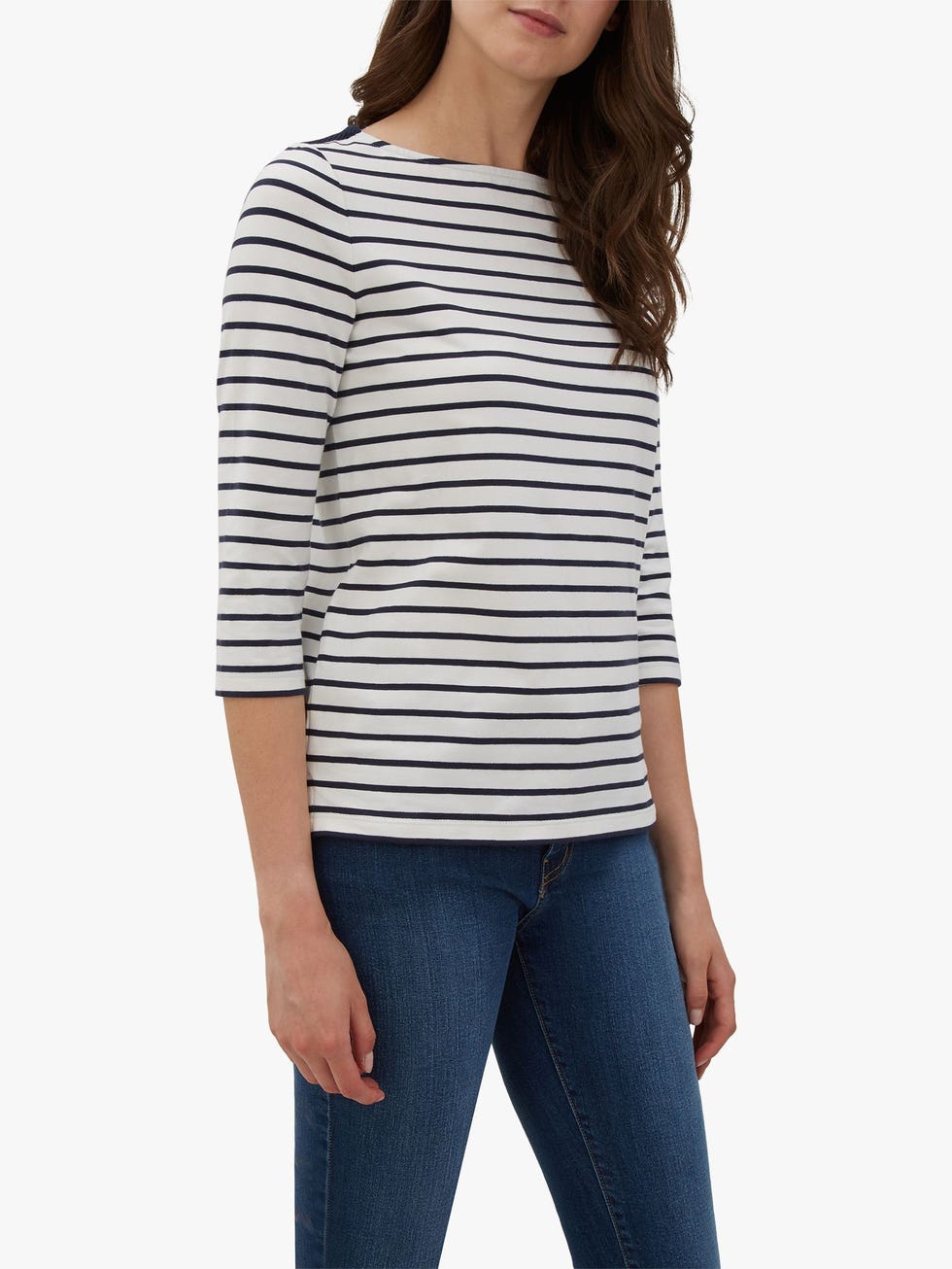 Jaeger Round Neck Breton Stripe Top, Navy