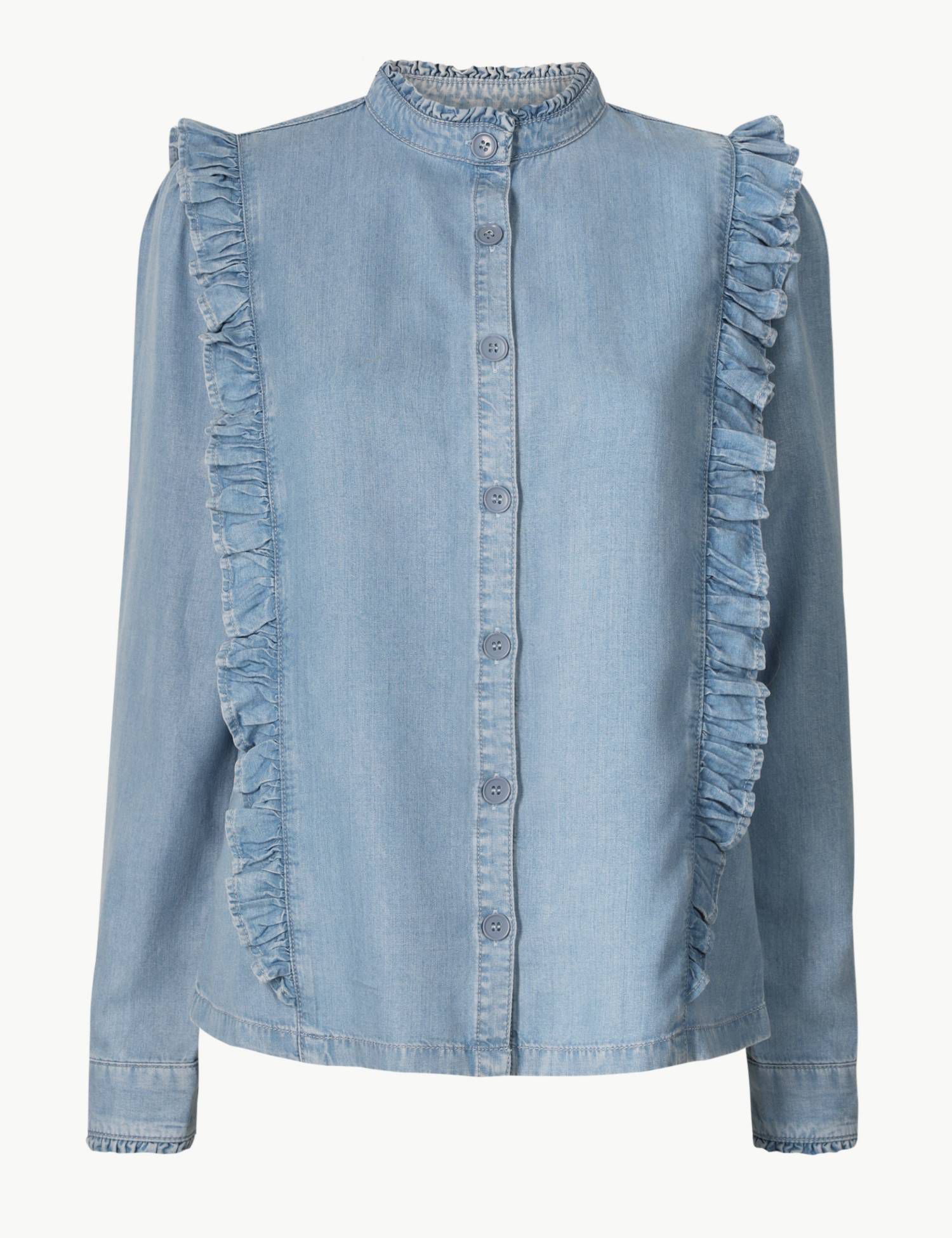 NEW M&S Womens Holly Willoughby Denim Ruffle Frill Shirt Blouse Top 6-24 RRP £32