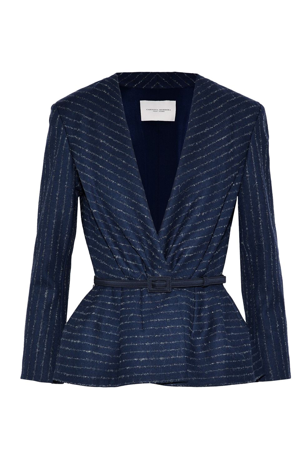 Belted Pinstriped Wool-Blend Twill Jacket