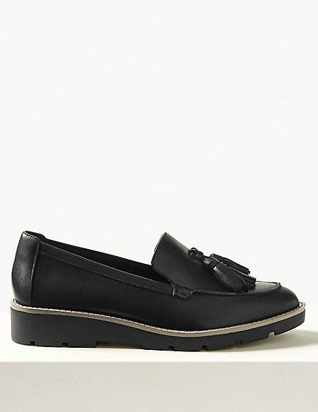 Leather Flatform Heel Tassel Loafers