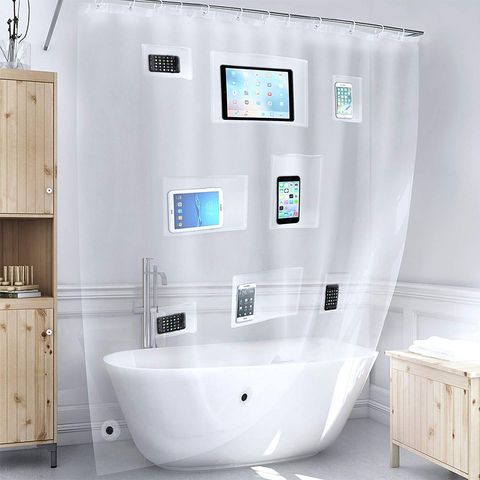This Shower Curtain Liner Allows You To, Shower Curtains With Pockets For Electronics