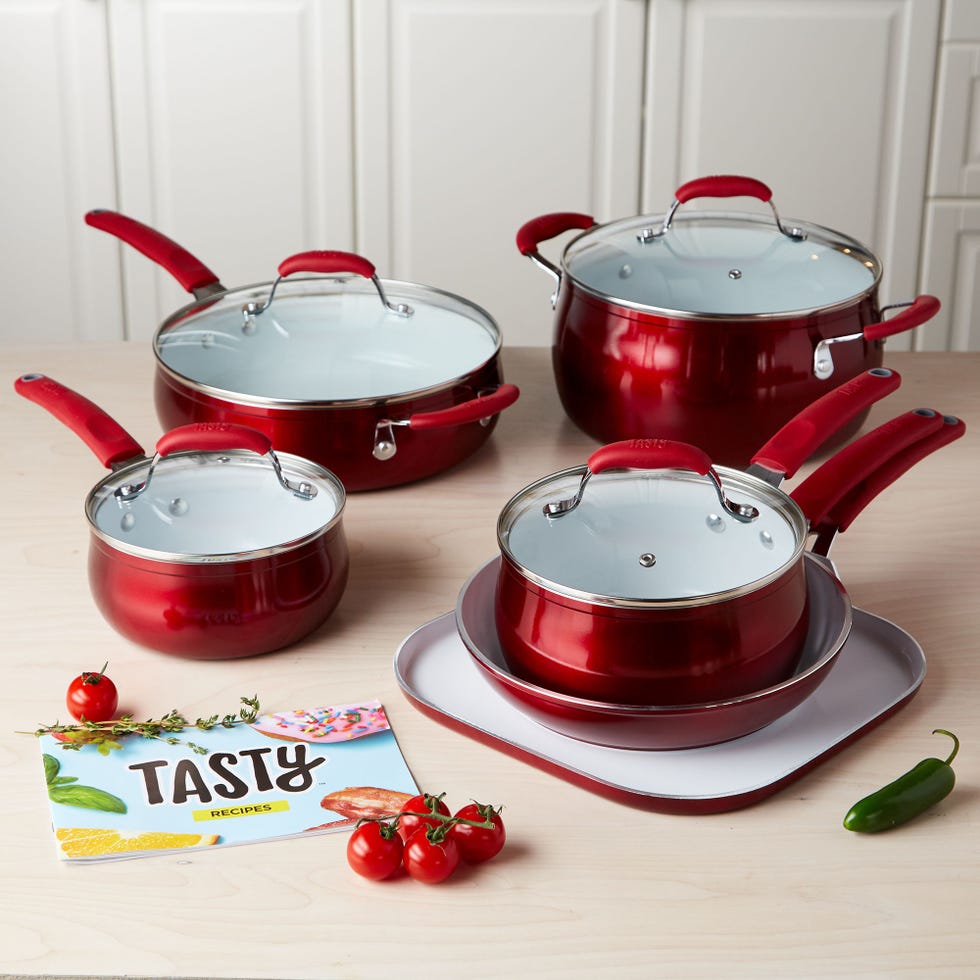 Tasty Titanium-Reinforced Ceramic Saucepan with Glass Lid, Red, 2