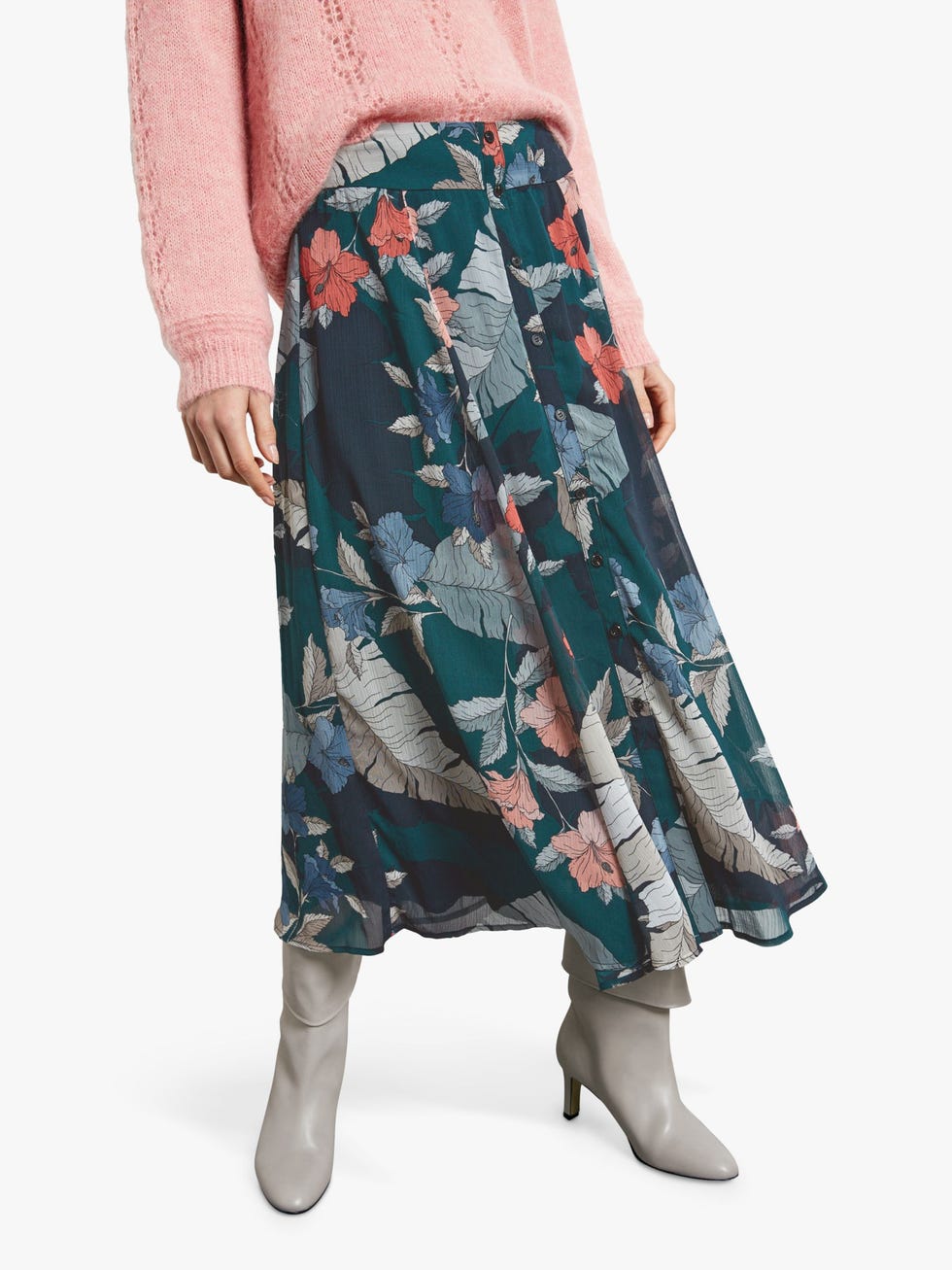 hush Elise Button Floral Midi Skirt, Hibiscus Print