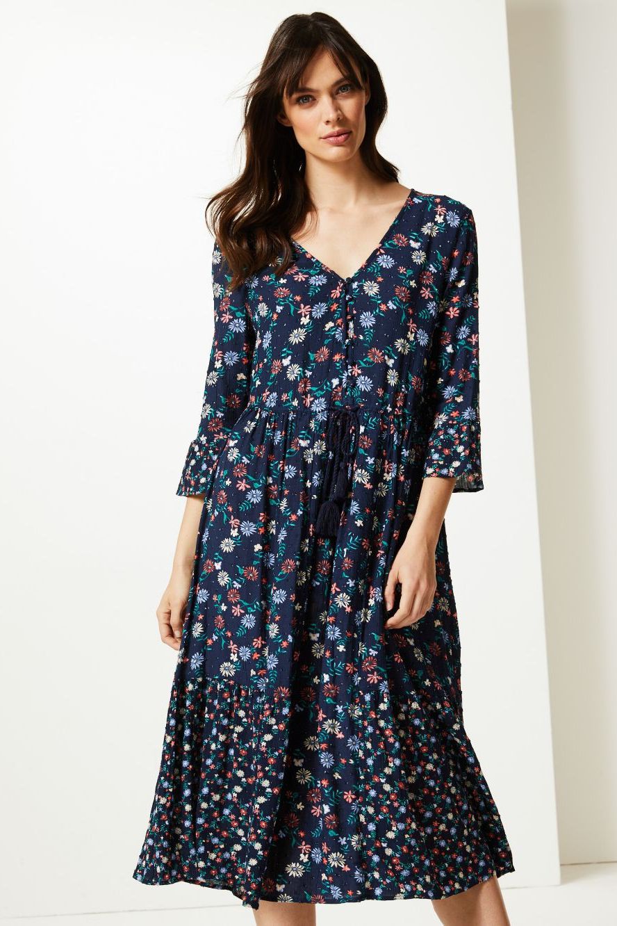 Floral Print Long Sleeve Relaxed Midi Dress