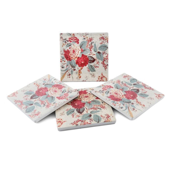 Bee & Willow Home Dolomite Floral Square Coasters in Red Multi (Set of 4)
