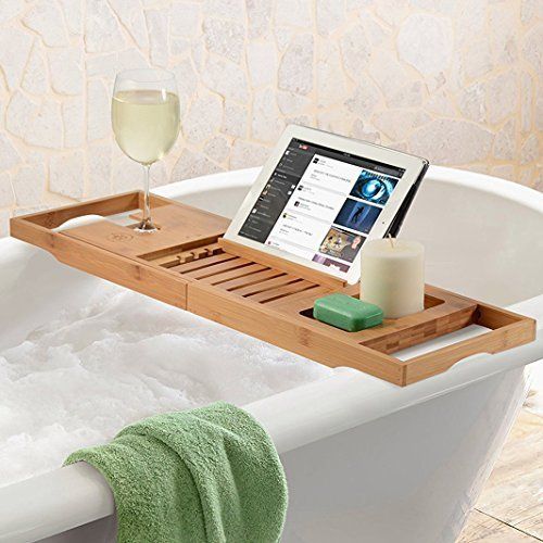 Widousy Luxury Bamboo Bathtub Caddy Bath Tub Tray Bridge Shower Shelves Organizer Tray With Stand Foot Extending Sides Built in Book Tablet Integrated Wineglass Holder phone Tray & Accessories Placem
