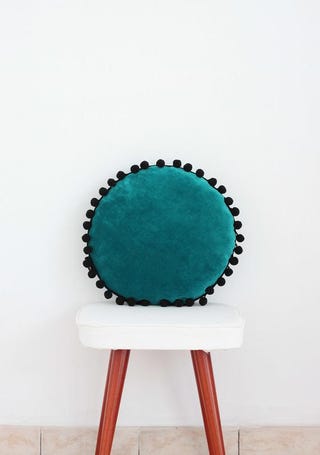 Velvet Turquoise Round Pillow With Pom Poms 