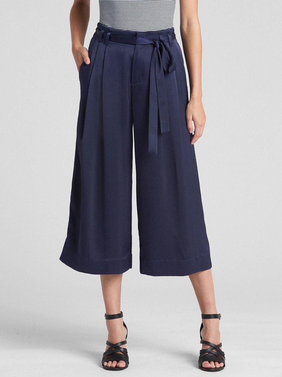 Tie-Belt Crop Wide-Leg Pants in Satin