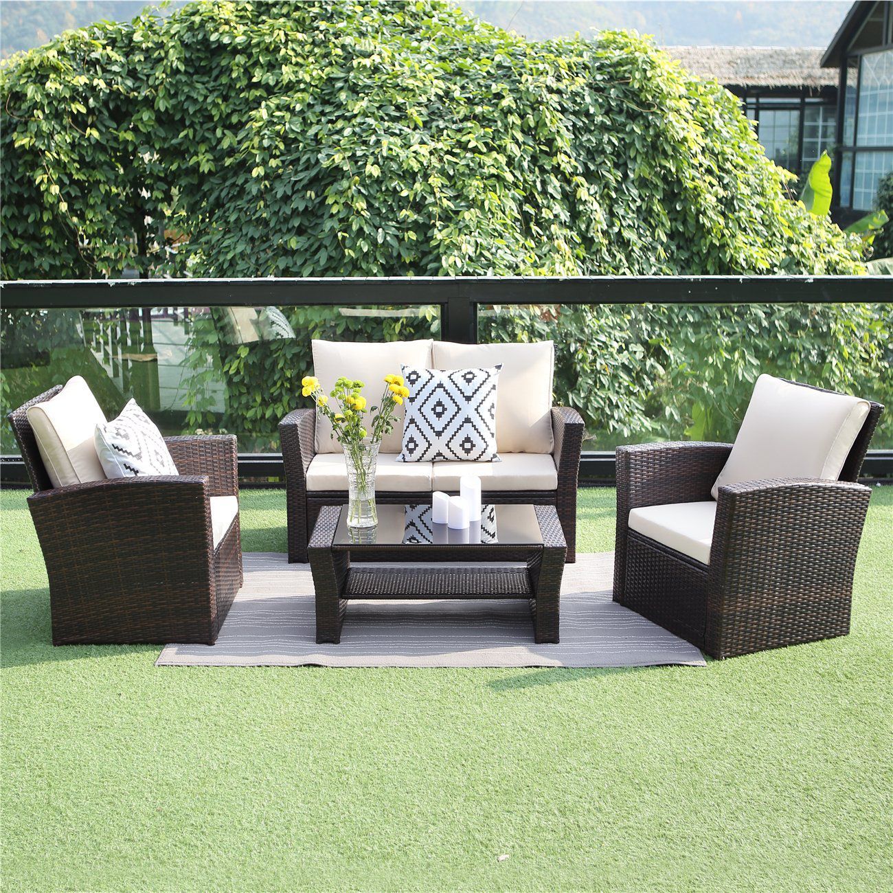 3-Piece Rattan Patio Furniture Sofa Set Conversation Set, Sectional Lounge  Chaise Cushioned - Overstock - 22223290