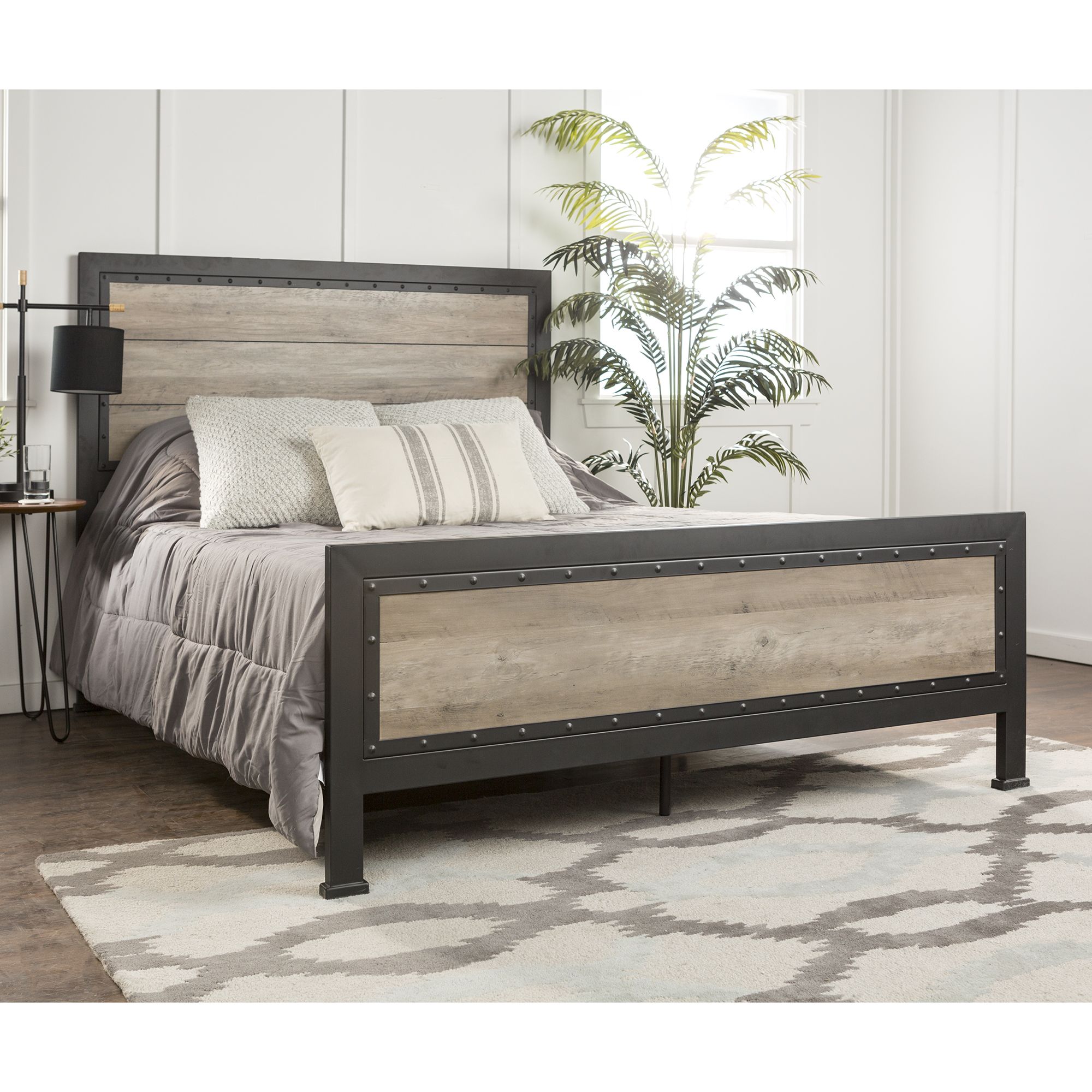 Queen Size Industrial Wood and Metal Bed