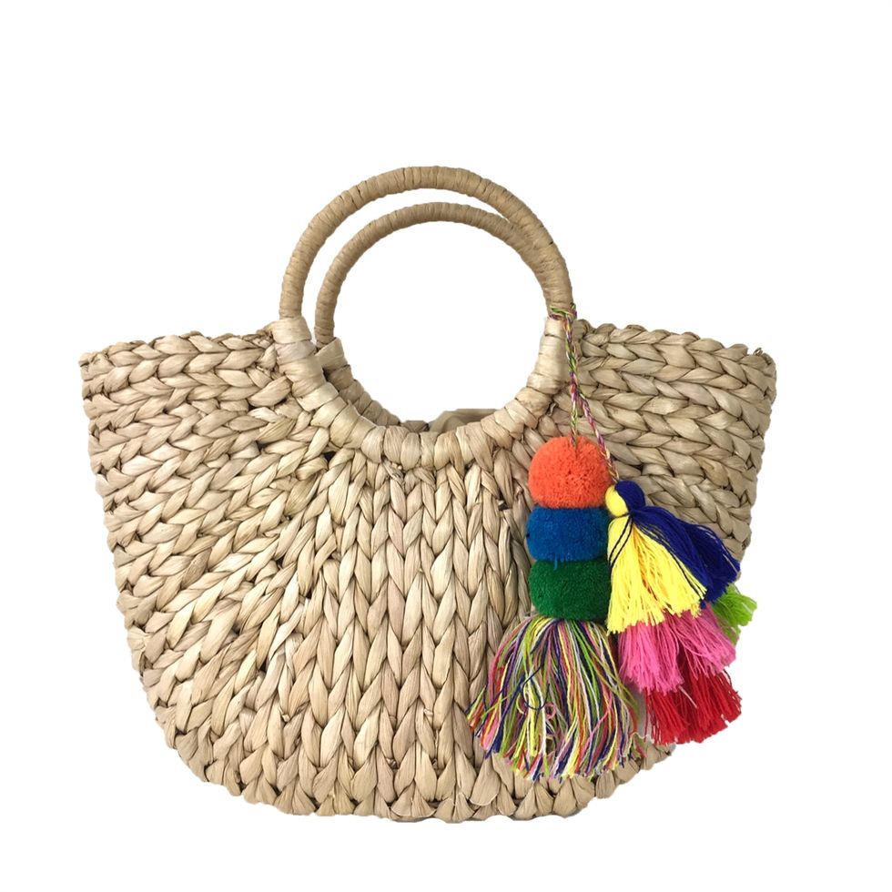 Tote With Colorful Pom Pom Tassels