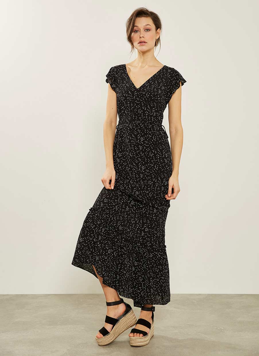 Black Spot Ruffled Maxi Dress