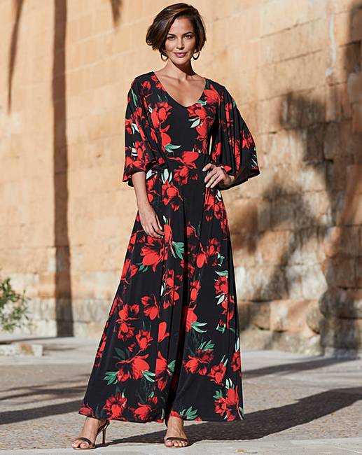 Red Print Angel Sleeve Maxi Dress