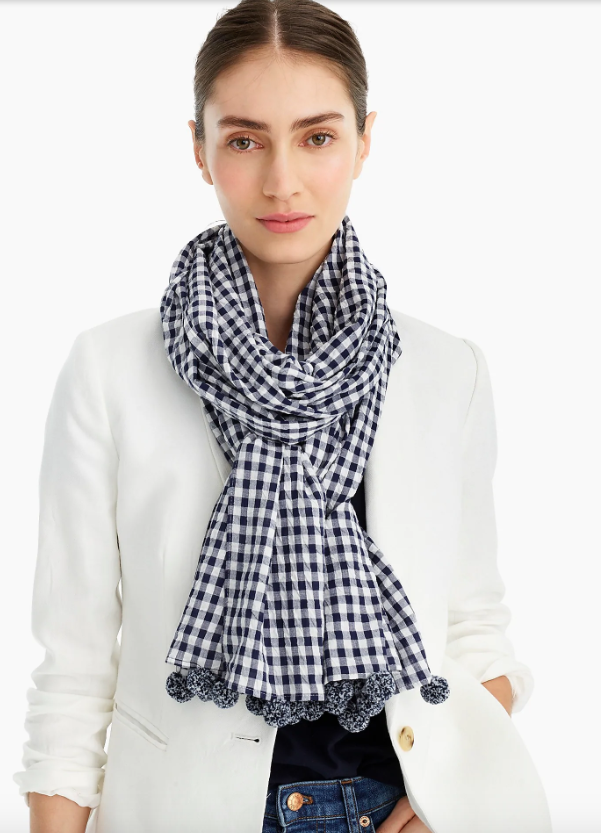 Gingham Scarf With Pom-Poms