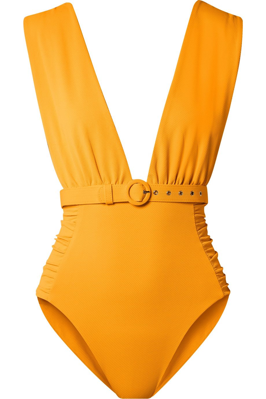 Belted ruched stretch-piqué swimsuit