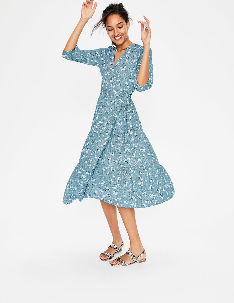Aurora Midi Wrap Dress, Heron Blue Daisy Field