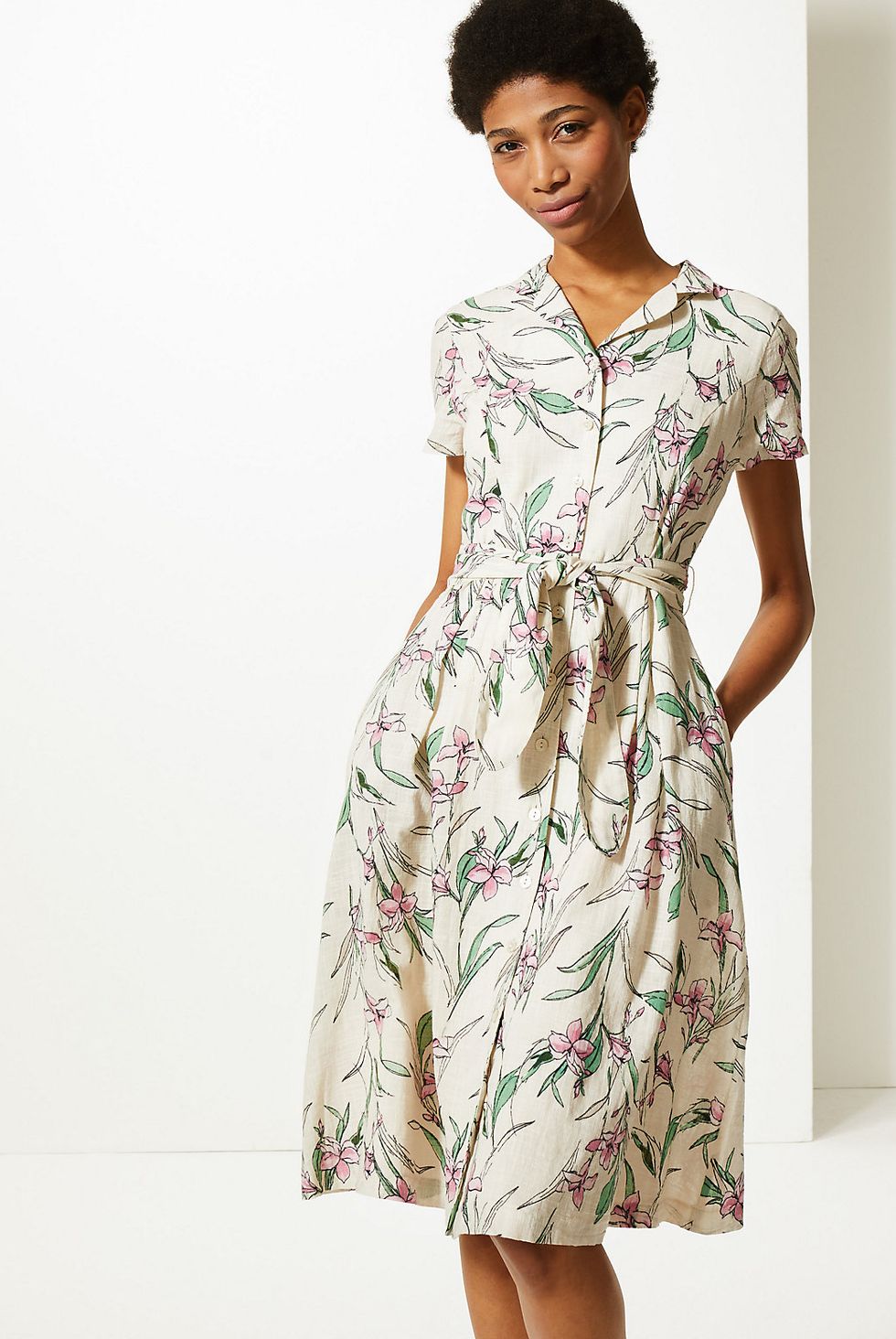 Pure Cotton Ditsy Floral Midi Waisted Dress, M&S Collection