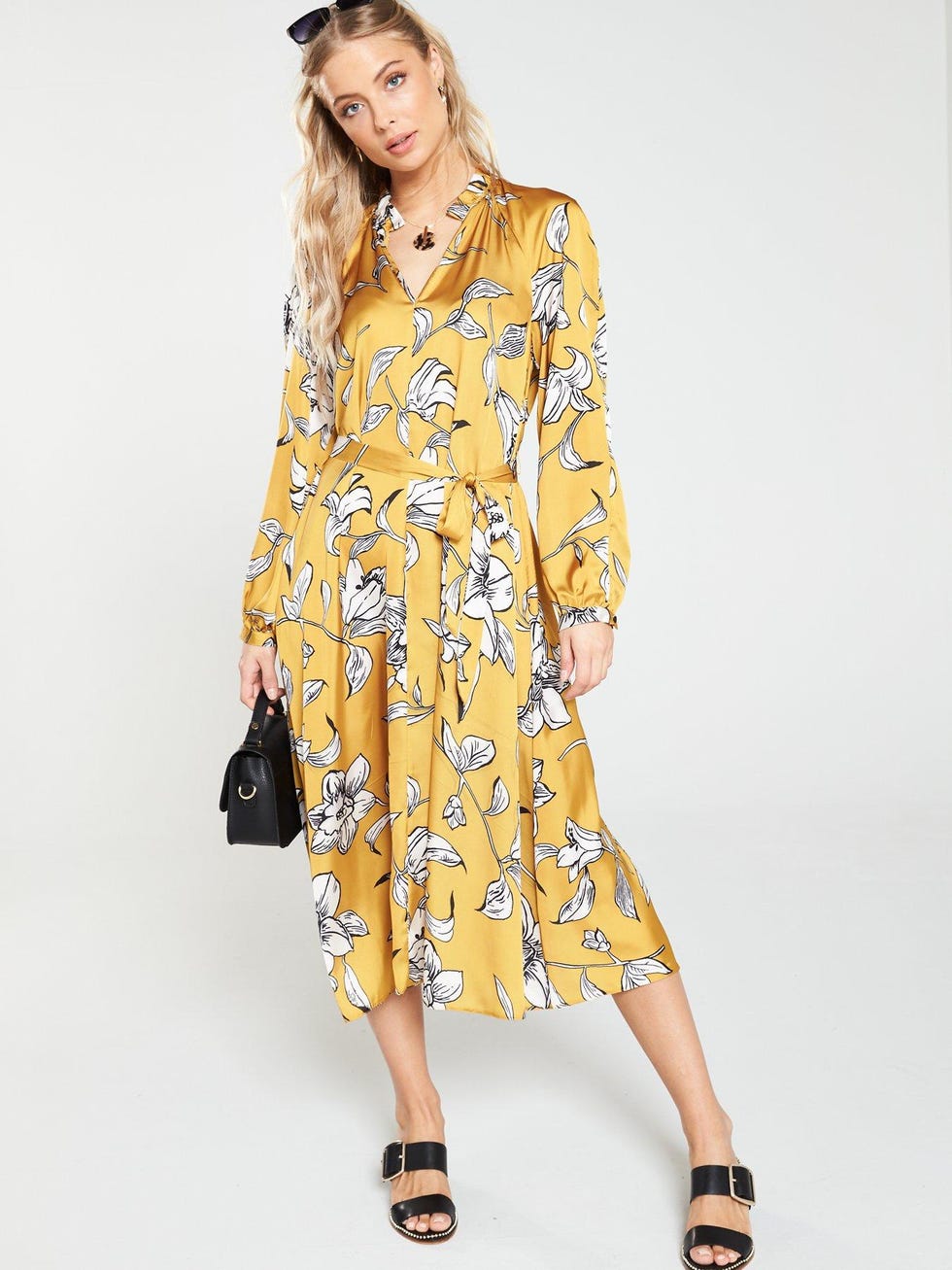 V by Very Floral Printed Midi Dress - Yellow