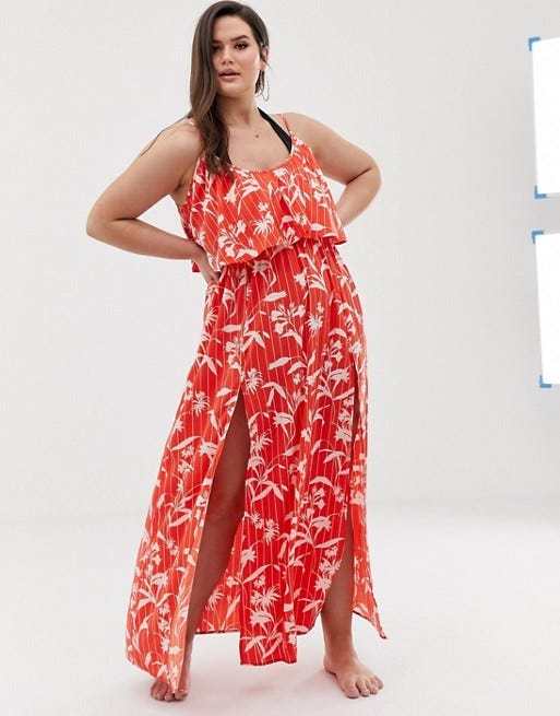 Curve Double Layer Beach Maxi Dress in Flamenco Floral Stripe Print