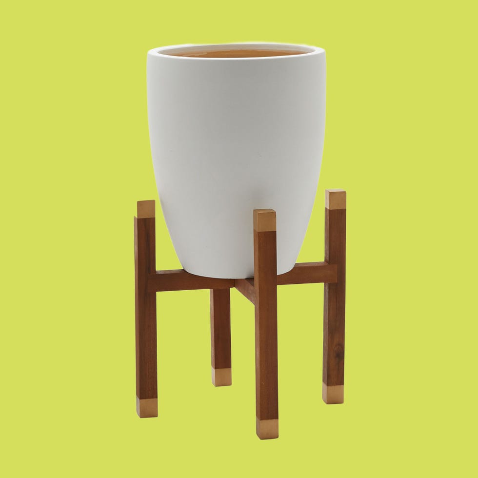 MoDRN Scandinavian Earthenware Planter with Wood Stand