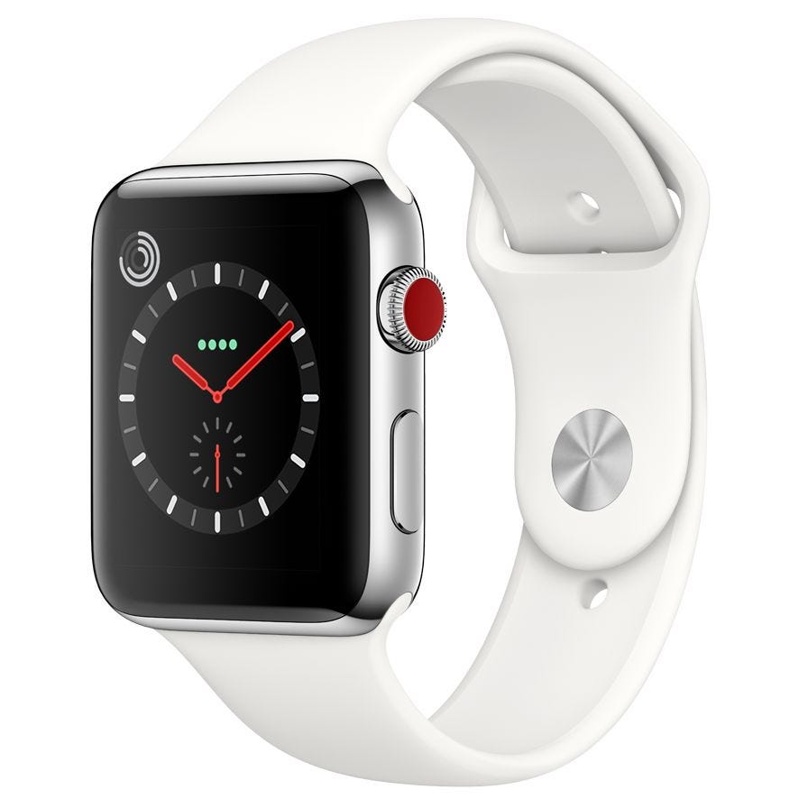 Apple Watch Series 3, GPS and Cellular, 42mm Stainless Steel Case with Sport Band, Soft White