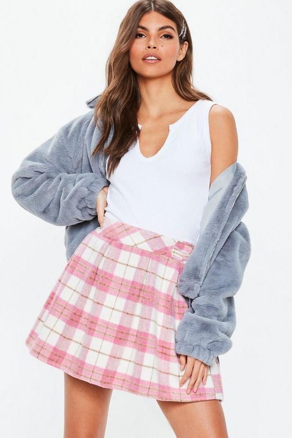 Pink check pleated mini skirt