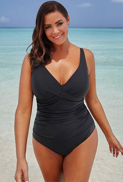 Black Ruched V-Neck One-Piece Swimsuit
