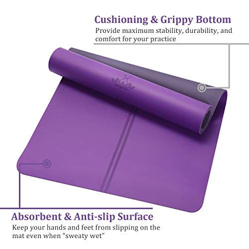 Heathyoga ProGrip Non Slip Yoga Mat with Alignment Lines, Revolutionary Wet-Grip Surface & Eco Friendly Material, Perfect for Hot Yoga and Bikram, Free Carry Bag 183CMX66CM (Purple)