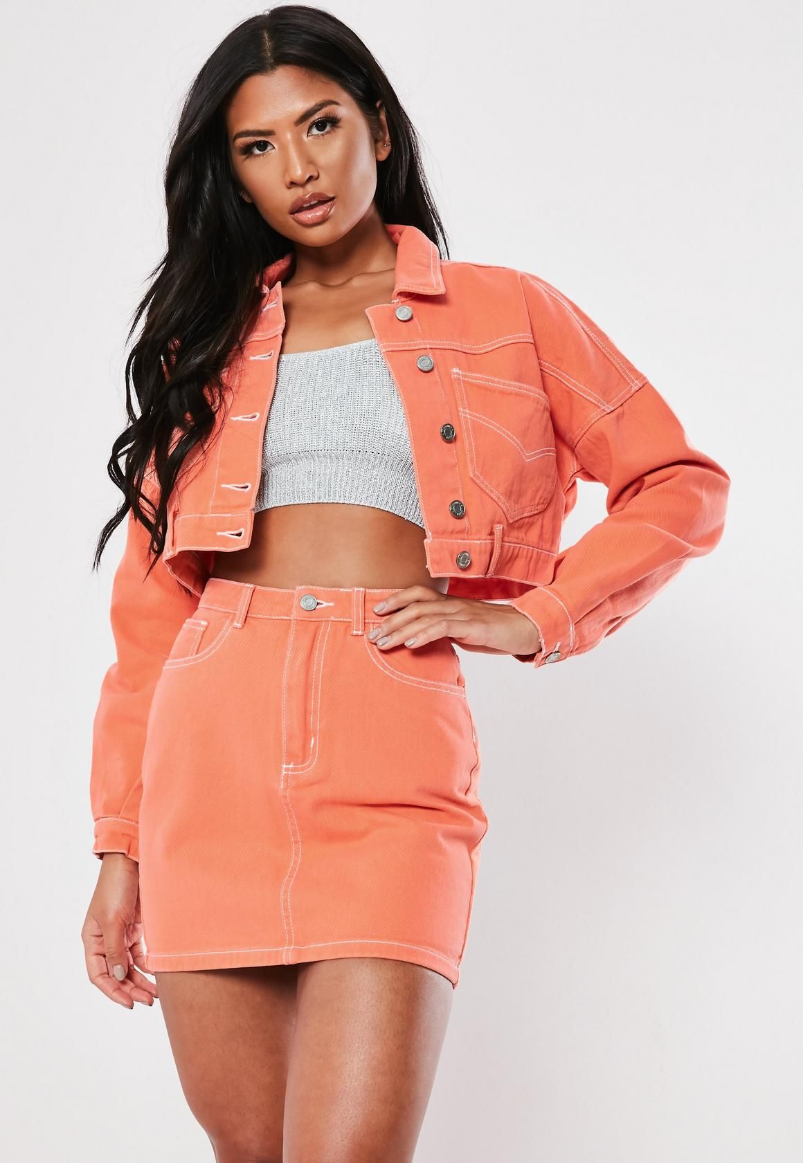orange denim jacket and skirt