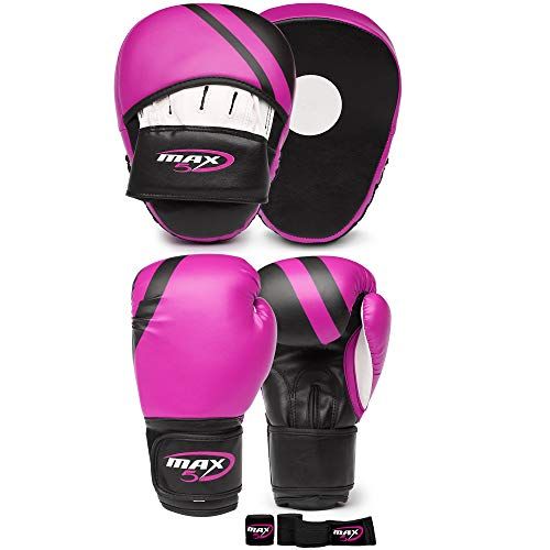 Boxing gloves and pads set Focus Punch Mitts MMA Training Sparring Hook and Jab strike target with Punching Gloves (Pink)
