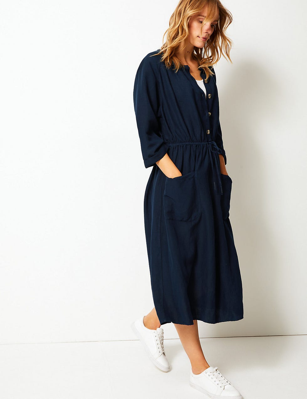 Linen Blend 3/4 Sleeve Waisted Midi Dress 