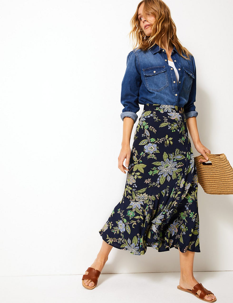 Floral Print Pretty Ruffle Midi Skirt 