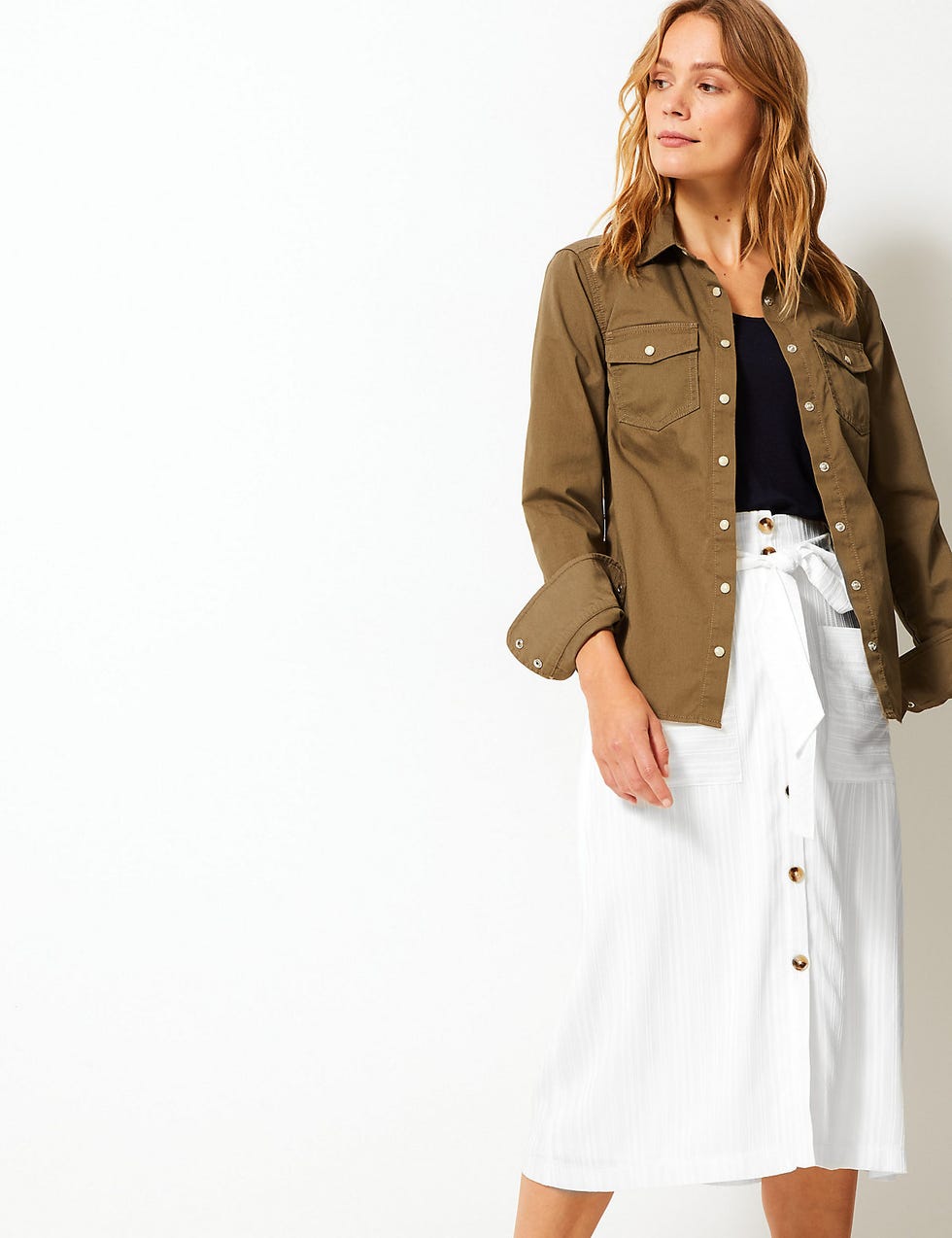 Button Detailed A-Line Midi Skirt 