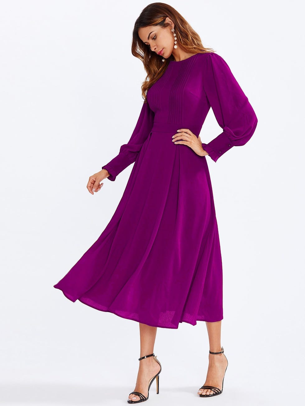 Frilled Cuff Boxed Pleated Dress