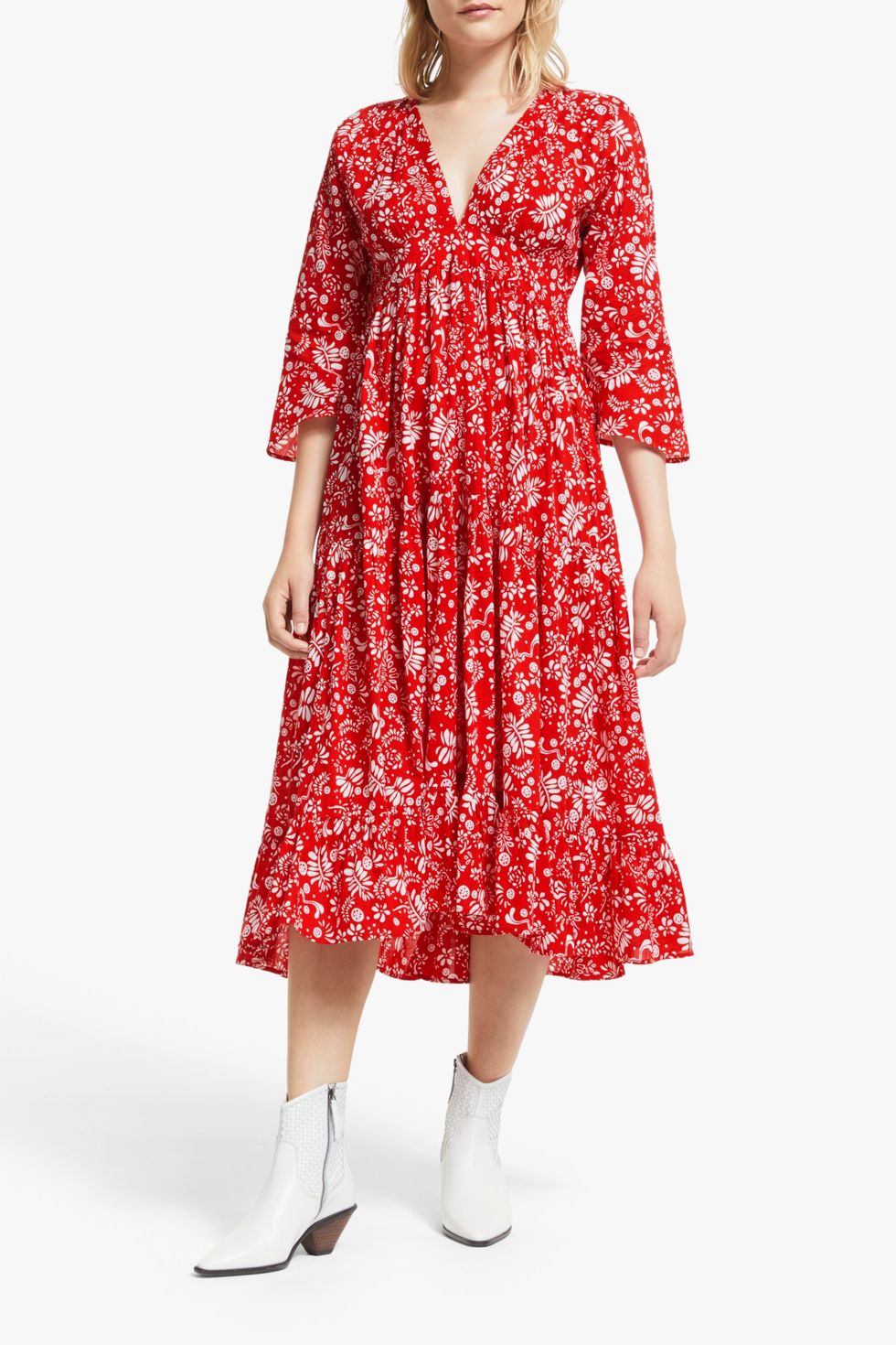 AND/OR La Galeria Elefante Mexicana Fern Print Tiered Maxi Dress, Red/Ivory