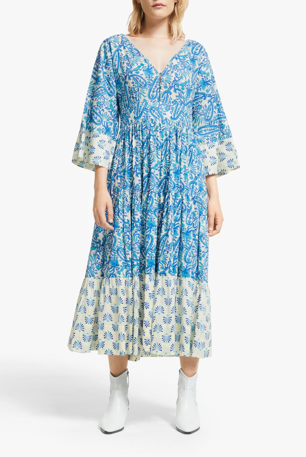 AND/OR La Galeria Elefante Kimono Paisley Print Midi Dress, Blue/Ivory